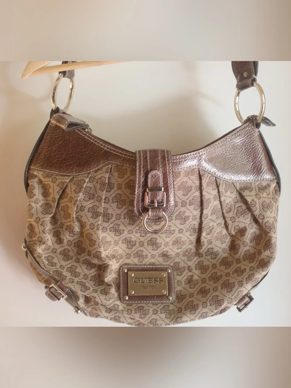 Guess Monogram Hobo Shoulder Bag Brown Canvas Faux Leather Y2K